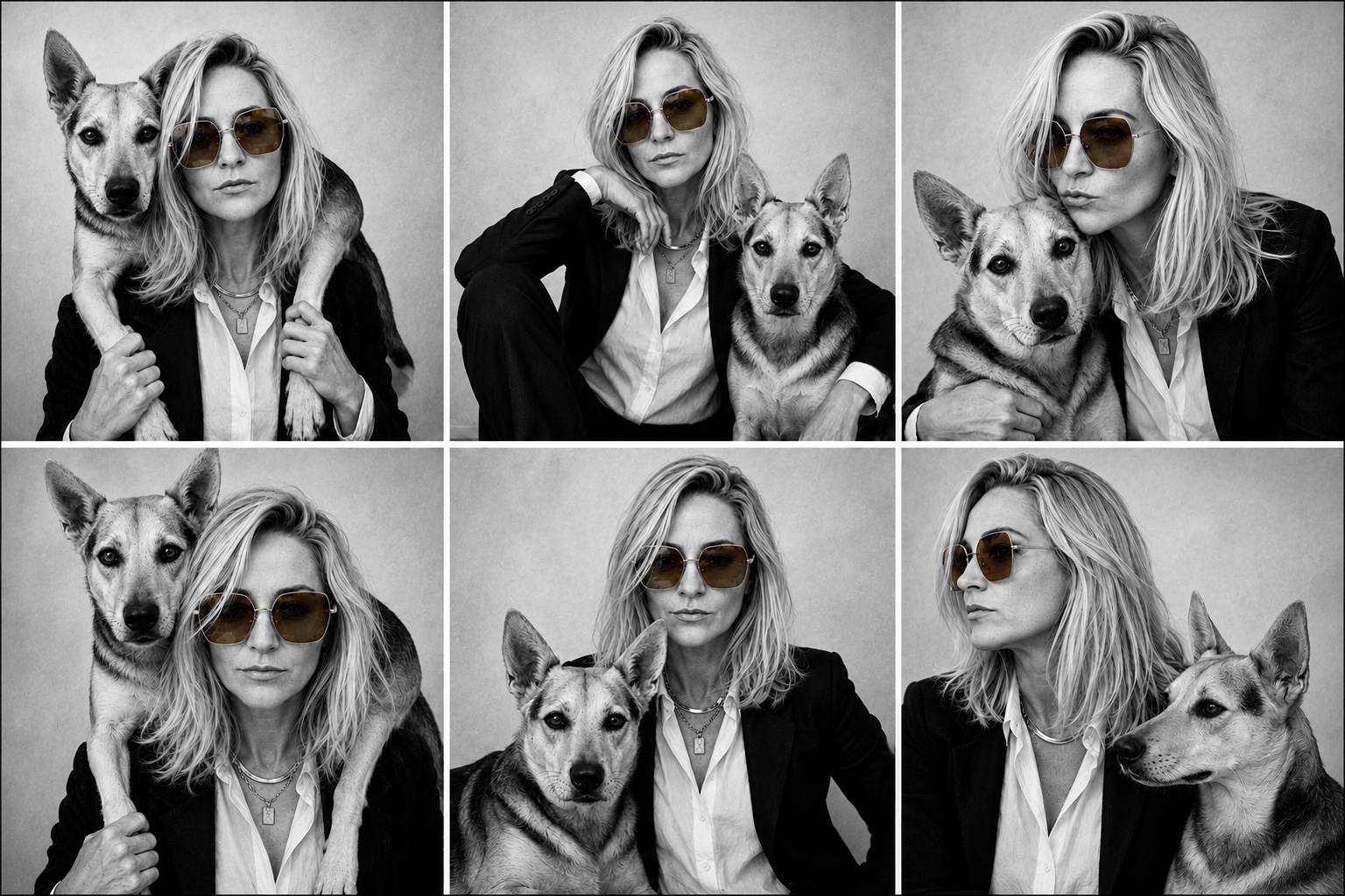 Six-frame editorial portrait collage of Cass Brewer with her dog Jack